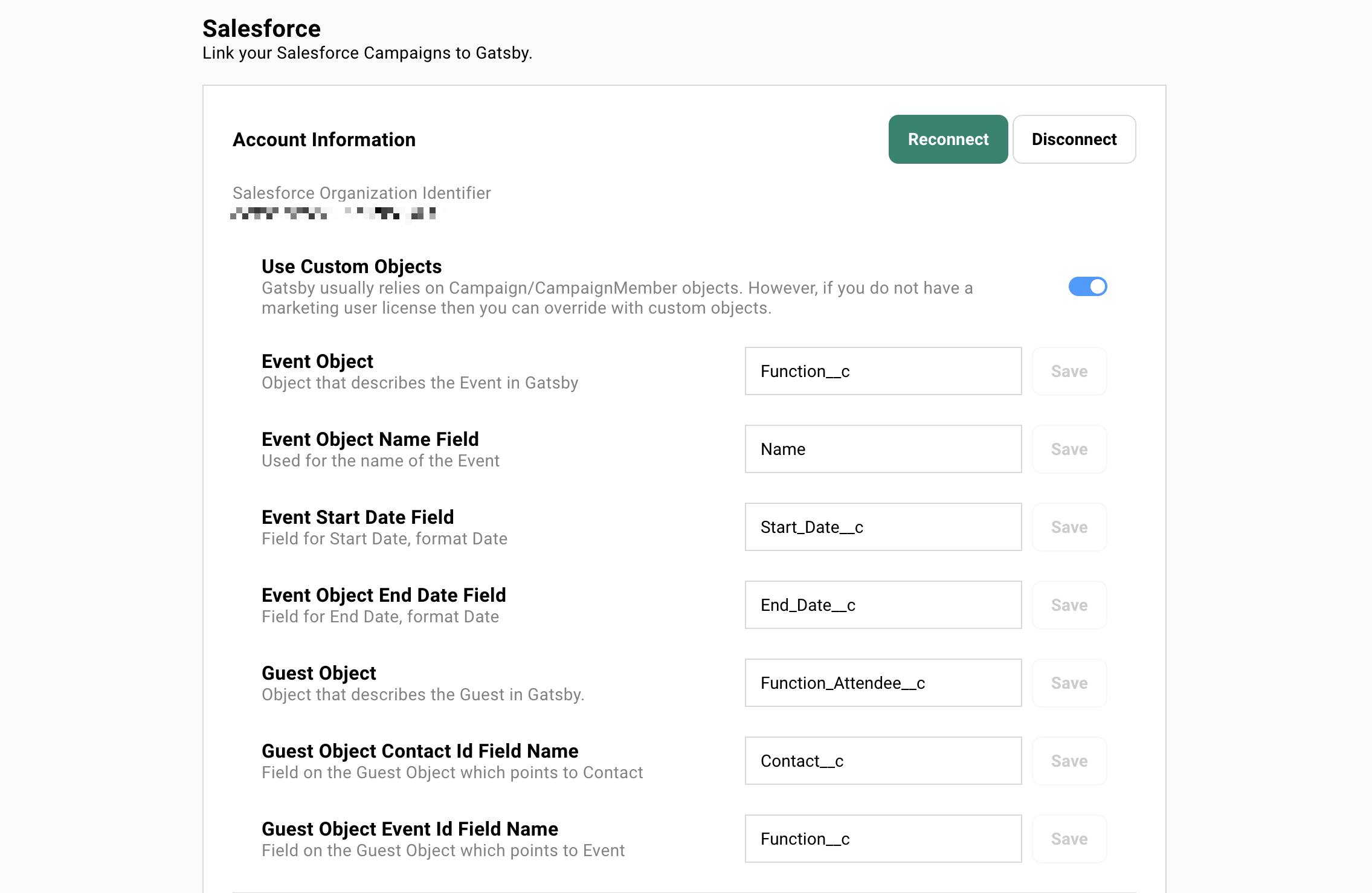 Gatsby settings panel with custom object mapping fields showing Altvia Function__c and Function_Attendee__c values