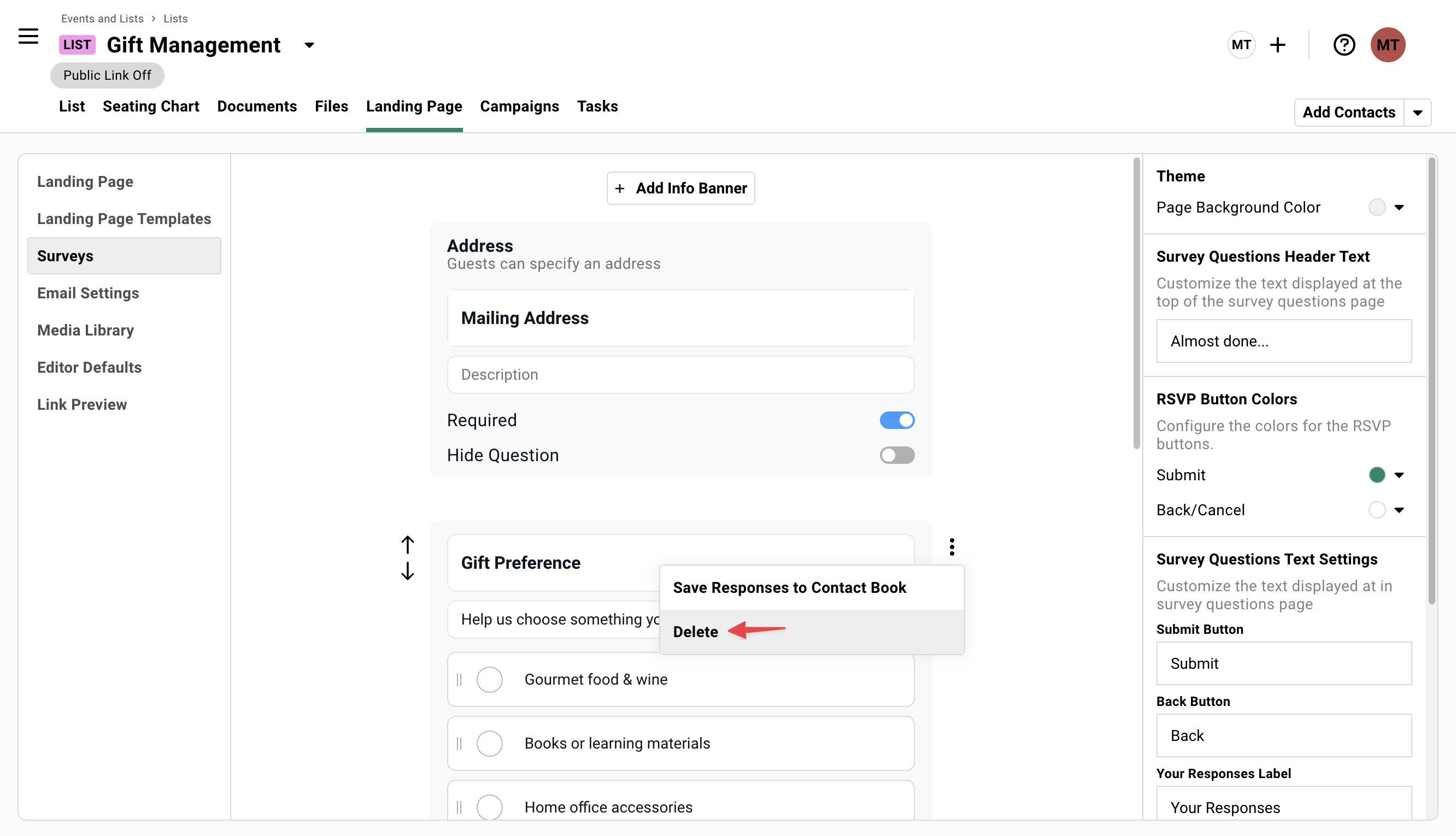 Survey configuration showing mailing address and preference fields