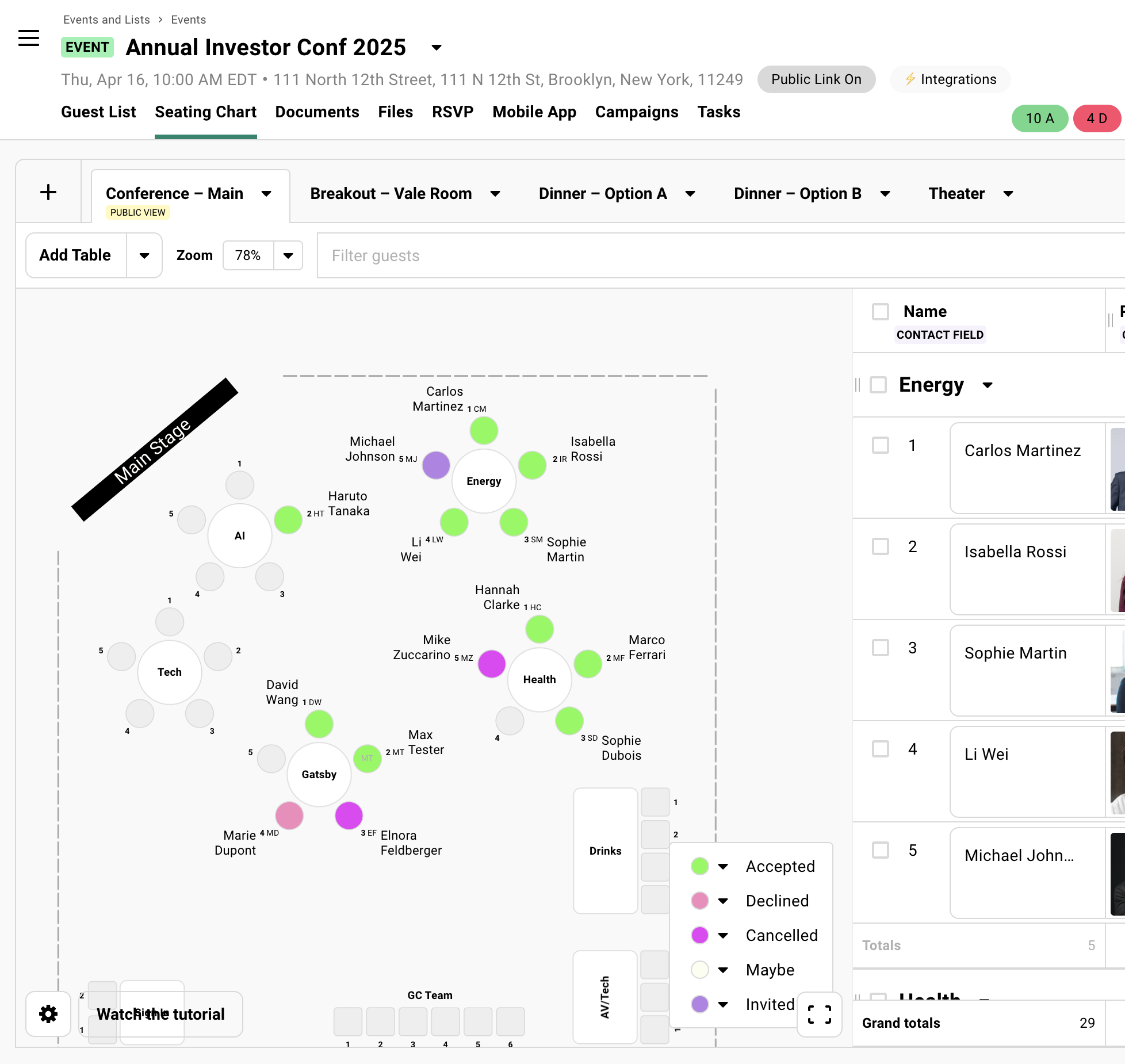Seating chart color coded by RSVP status
